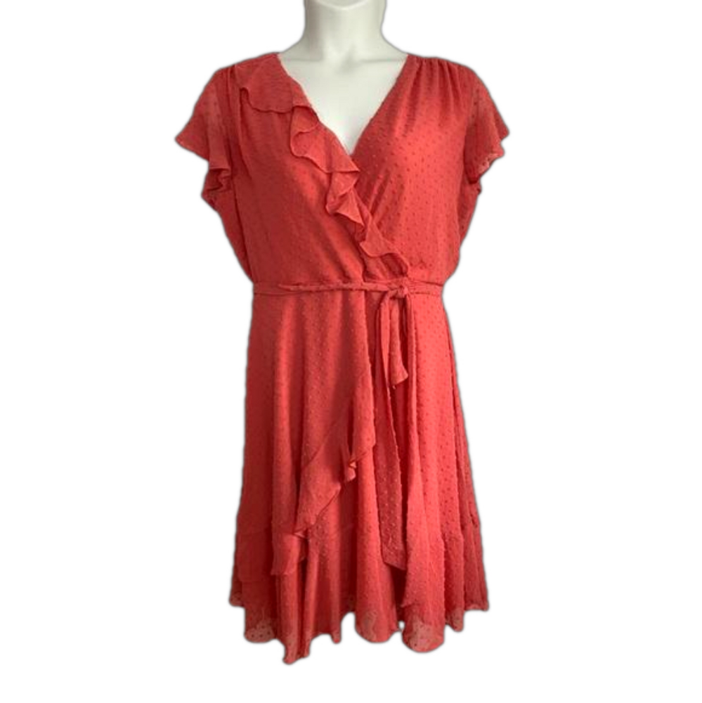 Danny & Nicole Coral Swiss Dot Chiffon Surplice Ruffle Midi Dress SKU0498